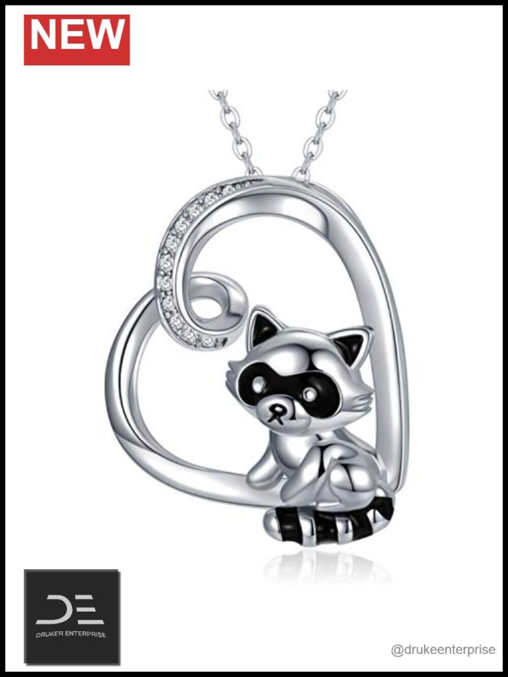 Sterling Silver Raccoon Heart Pendant Necklace 925 Jewelry Gift